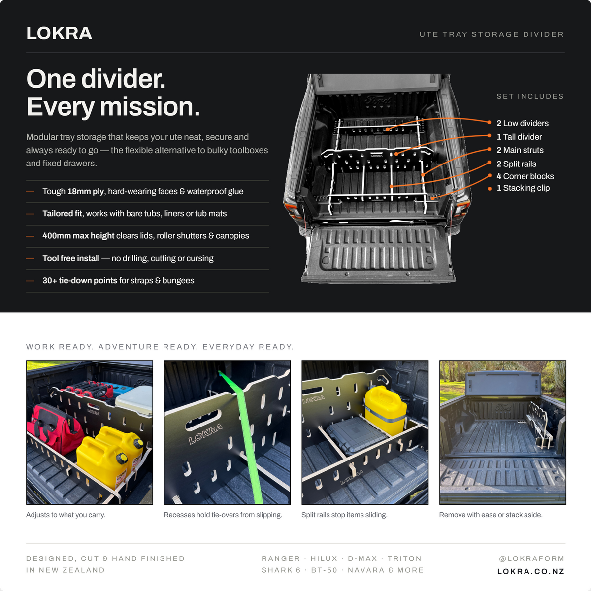 LOKRA ute tray divider infographic showing one divider used for tools, camping gear and everyday storage