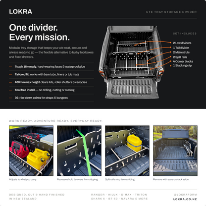 LOKRA ute tray divider infographic showing one divider used for tools, camping gear and everyday storage